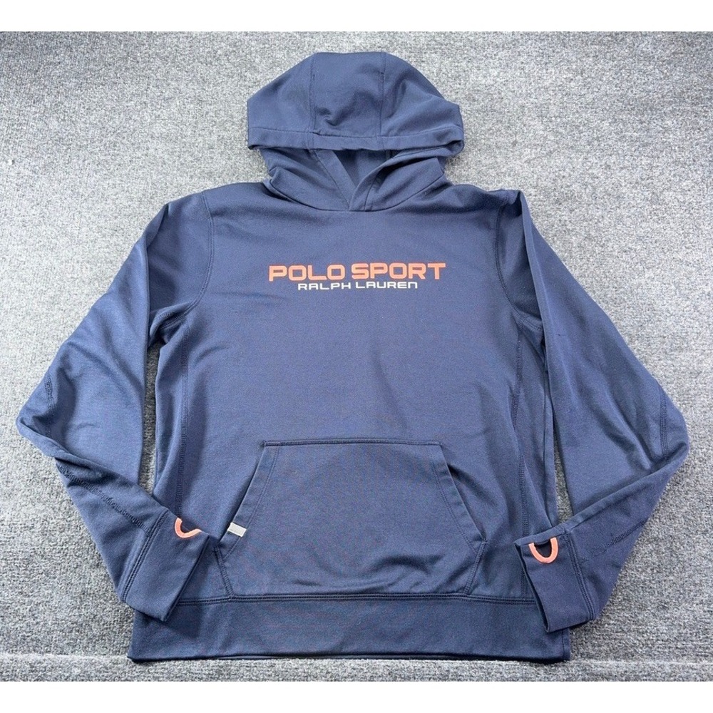 Polo Sport Ralph Lauren Mens Navy Blue Performance Hoodie Orange Logo Small?*